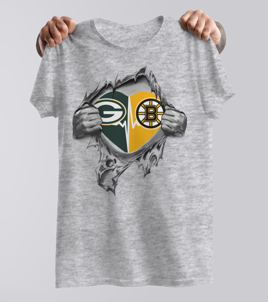 Green Bay Packers Boston Bruins Heart Logo Fusion T-Shirt