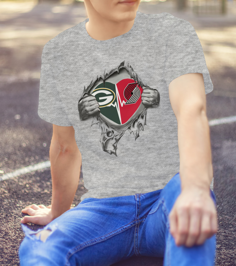 Green Bay Packers Portland Trail Blazers Heartbeat Rip Fan T-Shirt