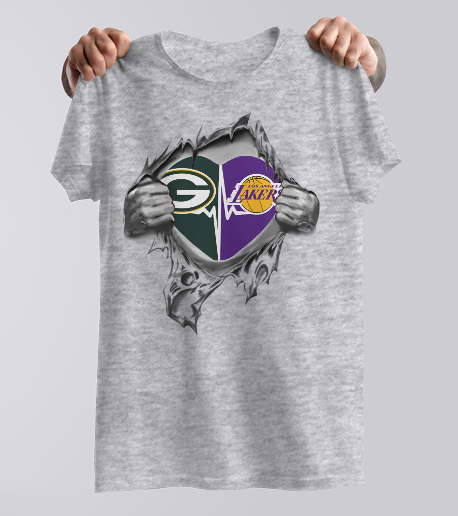 Green Bay Packers Los Angeles Lakers Heart Split Fan Pride T-Shirt