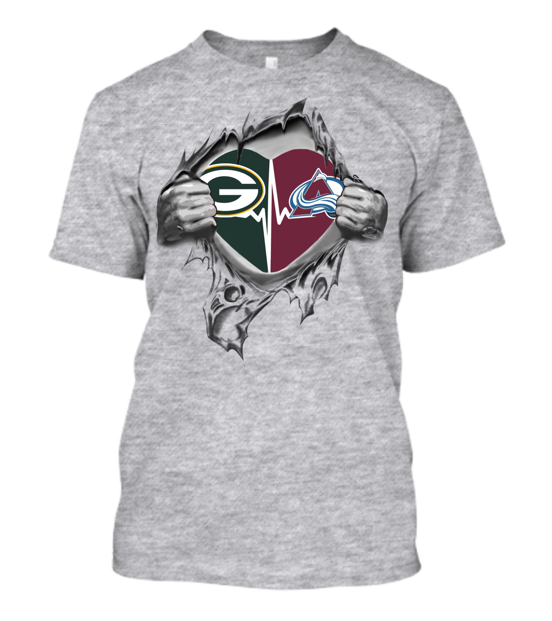 Green Bay Packers And Colorado Avalanche Heart With Silver Hands T-Shirt