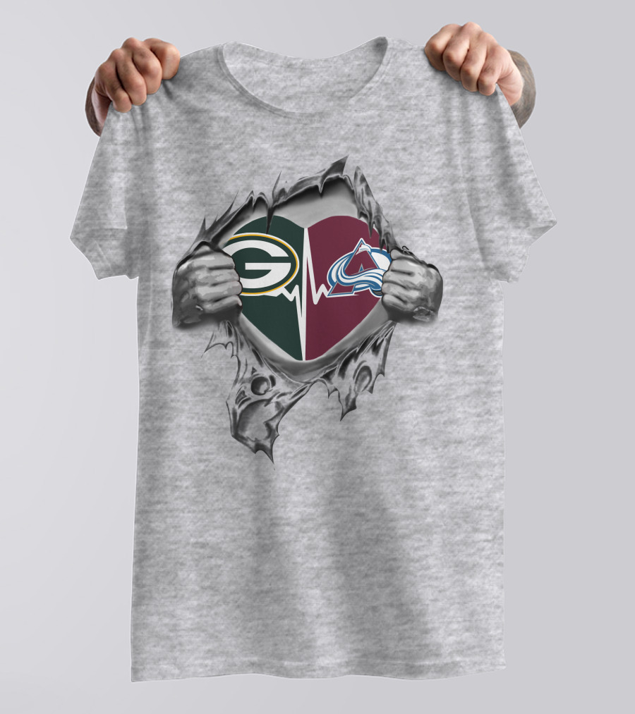 Green Bay Packers And Colorado Avalanche Heart With Silver Hands T-Shirt