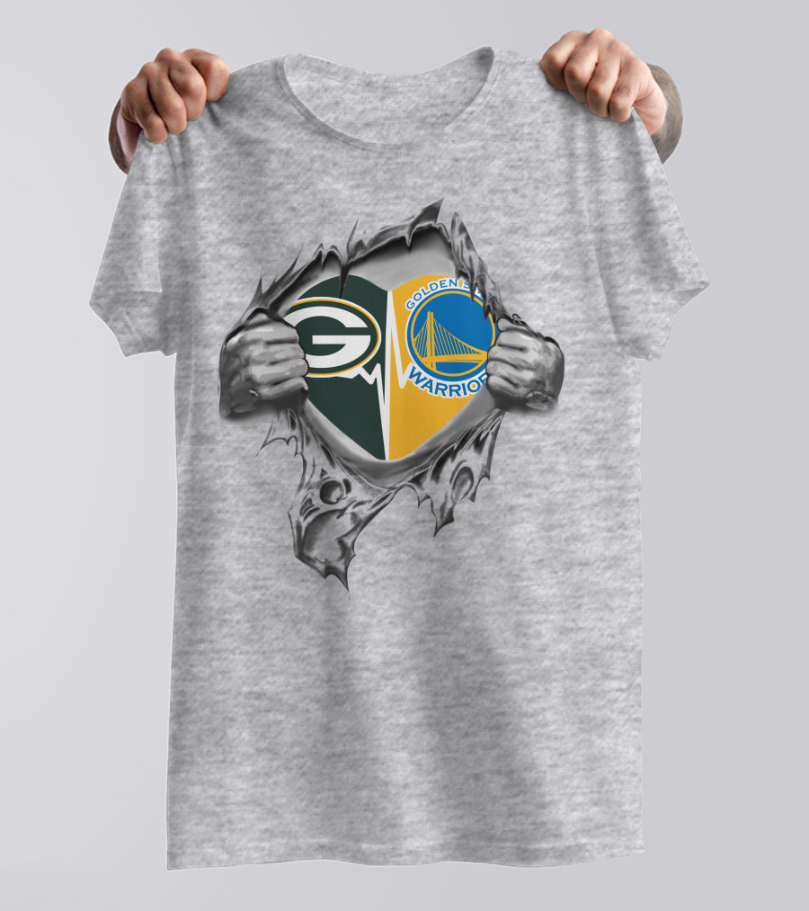 Green Bay Packers Golden State Warriors Logos In Torn T-Shirt