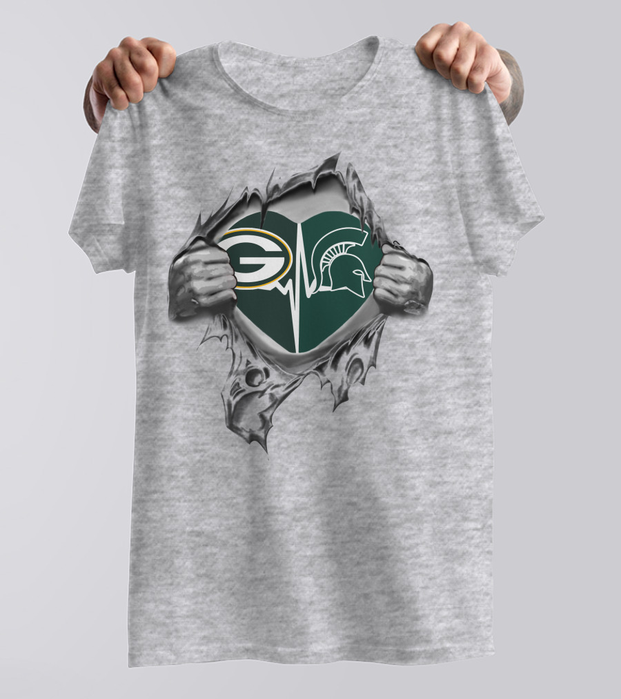 Green Bay Packers Michigan State Spartans Heart Logo Rip T-Shirt