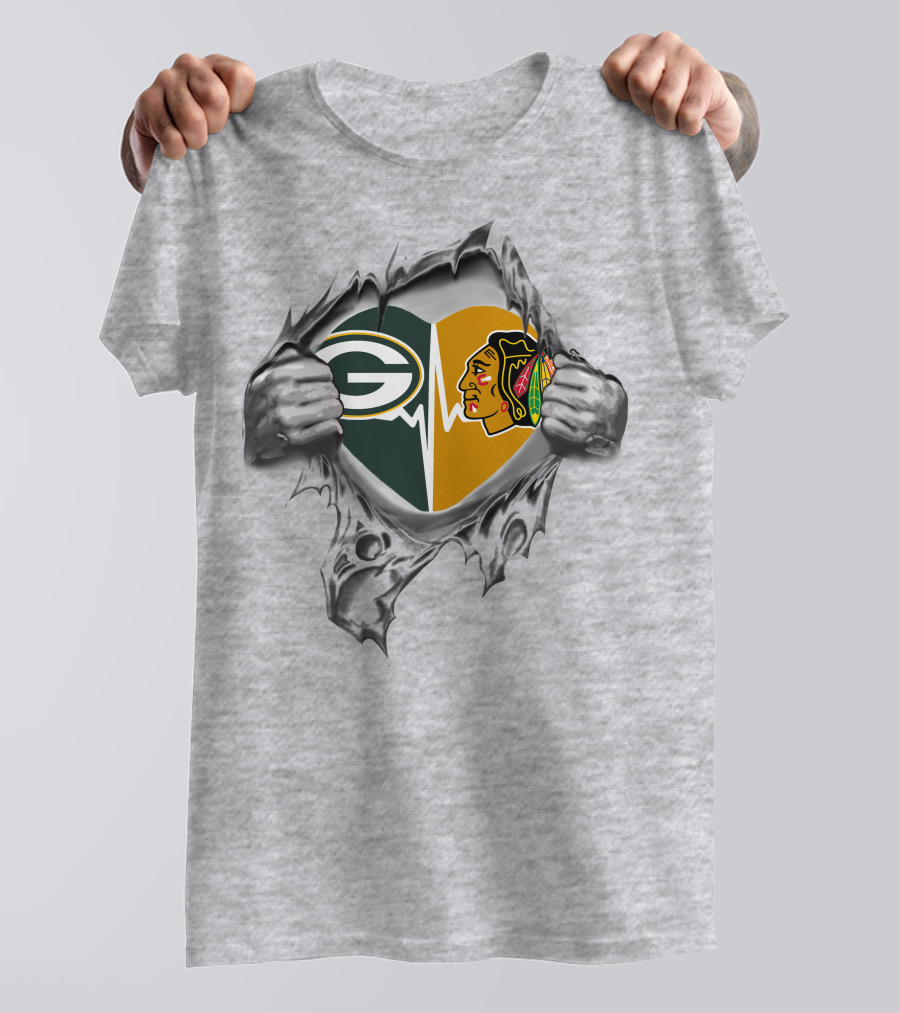 Green Bay Packers Chicago Blackhawks Heartbeat Rip T-Shirt