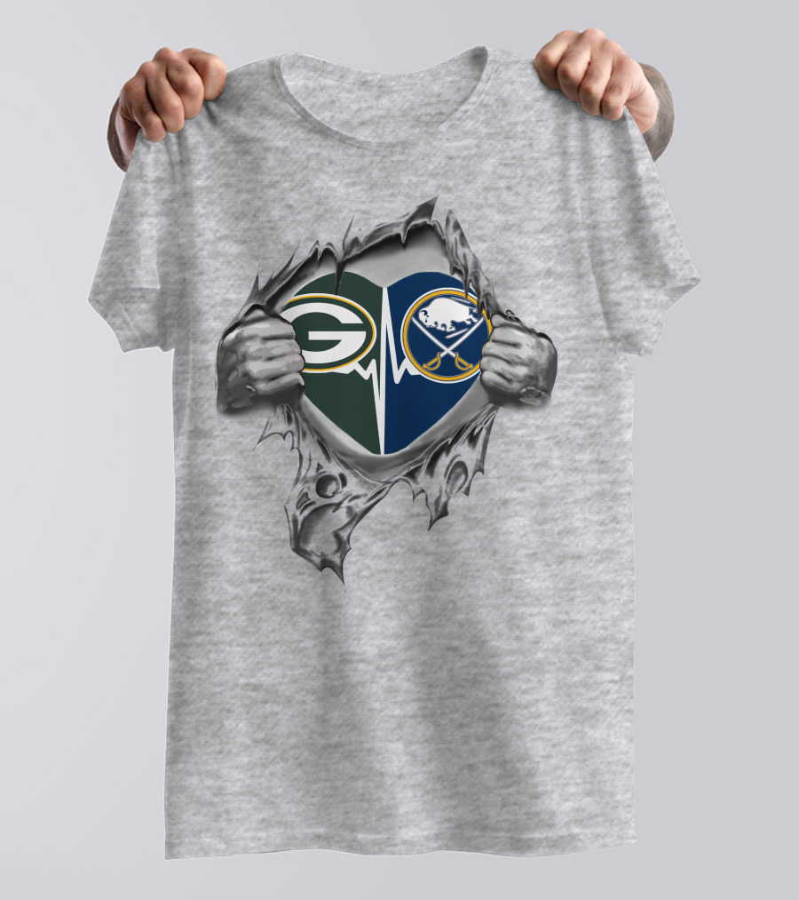 Green Bay Packers Buffalo Sabres Heart Logo Tear T-Shirt