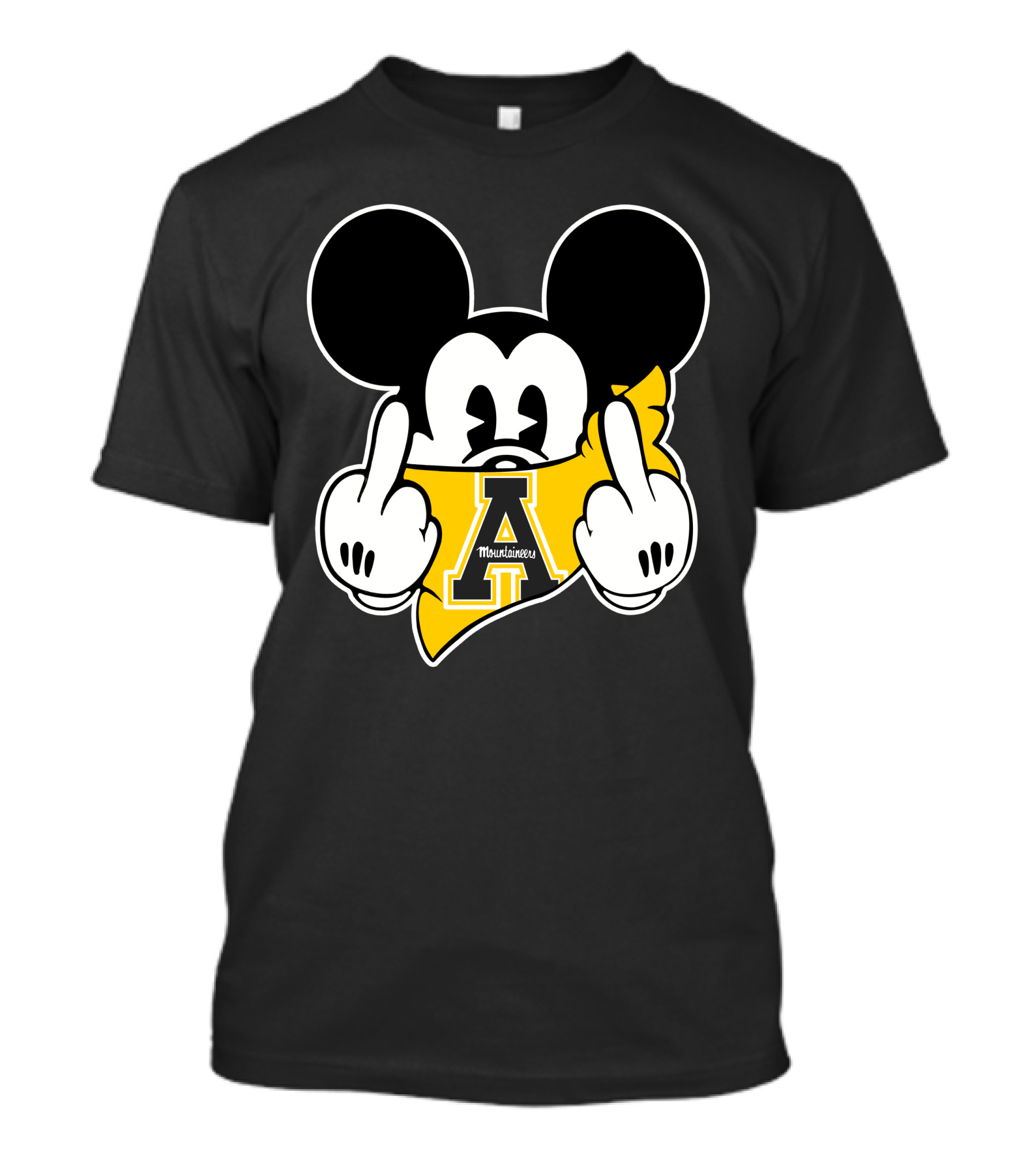 Appalachian State Mountaineers Mickey Iconic Gesture Black And Yellow Graphics T-Shirt