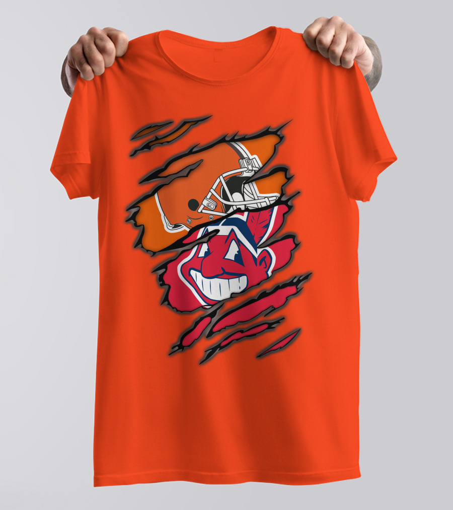 Cleveland Browns Helmet Retro Indians Chief Wahoo Claw Marks Logo Combination T-Shirt