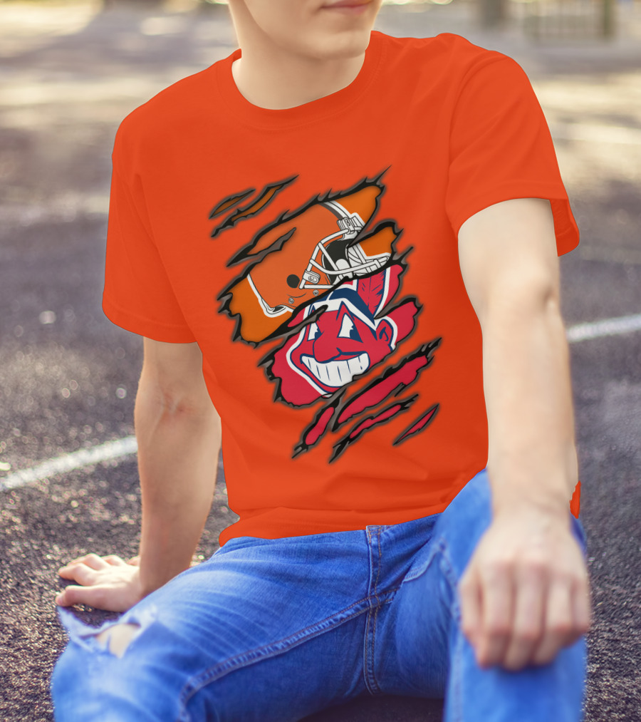 Cleveland Browns Helmet Retro Indians Chief Wahoo Claw Marks Logo Combination T-Shirt