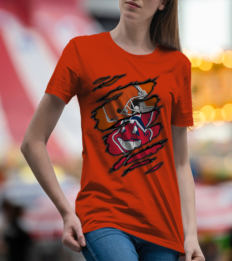 Cleveland Browns Helmet Retro Indians Chief Wahoo Claw Marks Logo Combination T-Shirt
