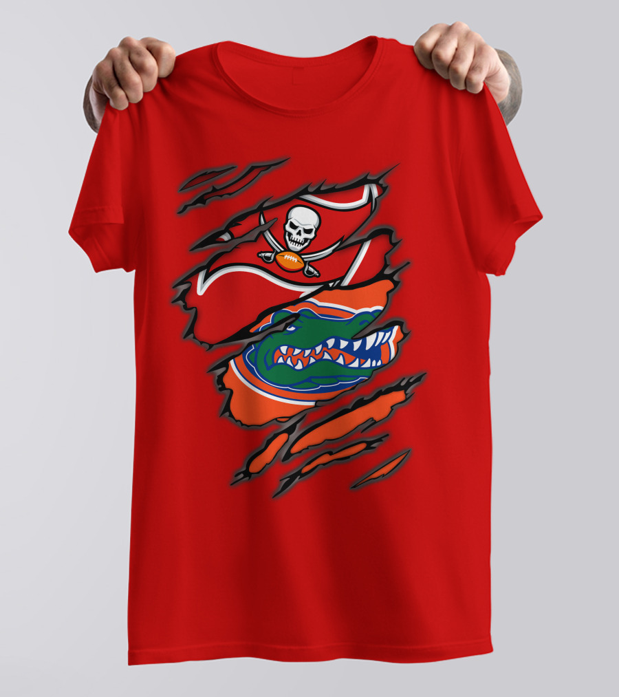 Buccaneers Gators Skull Football And Alligator Dual Logo Burst T-Shirt