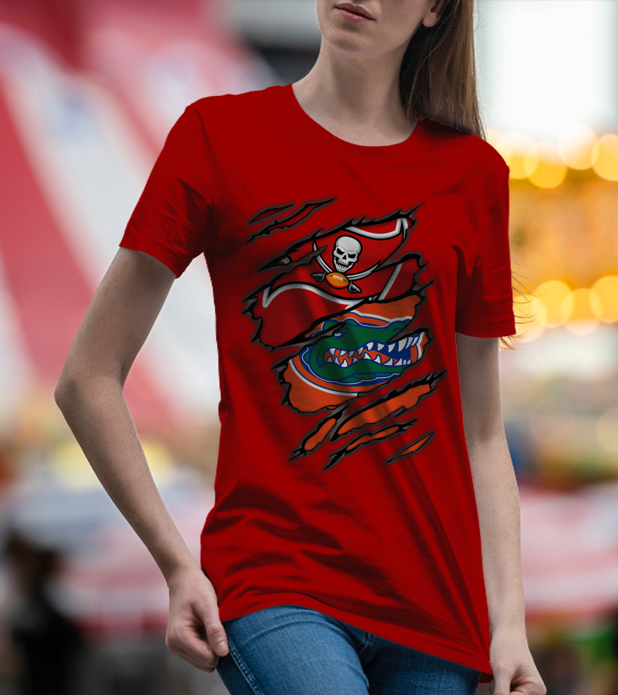 Buccaneers Gators Skull Football And Alligator Dual Logo Burst T-Shirt