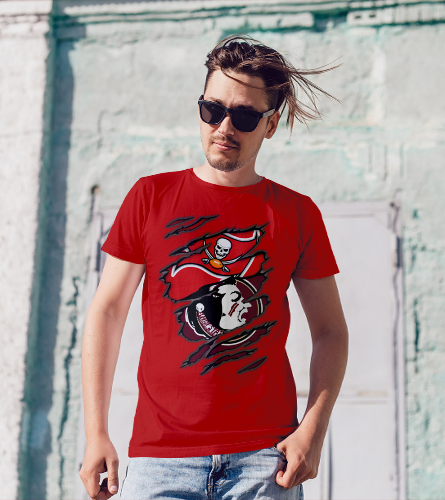 Buccaneers Seminoles Skull And Tomahawk Football Fusion T-Shirt