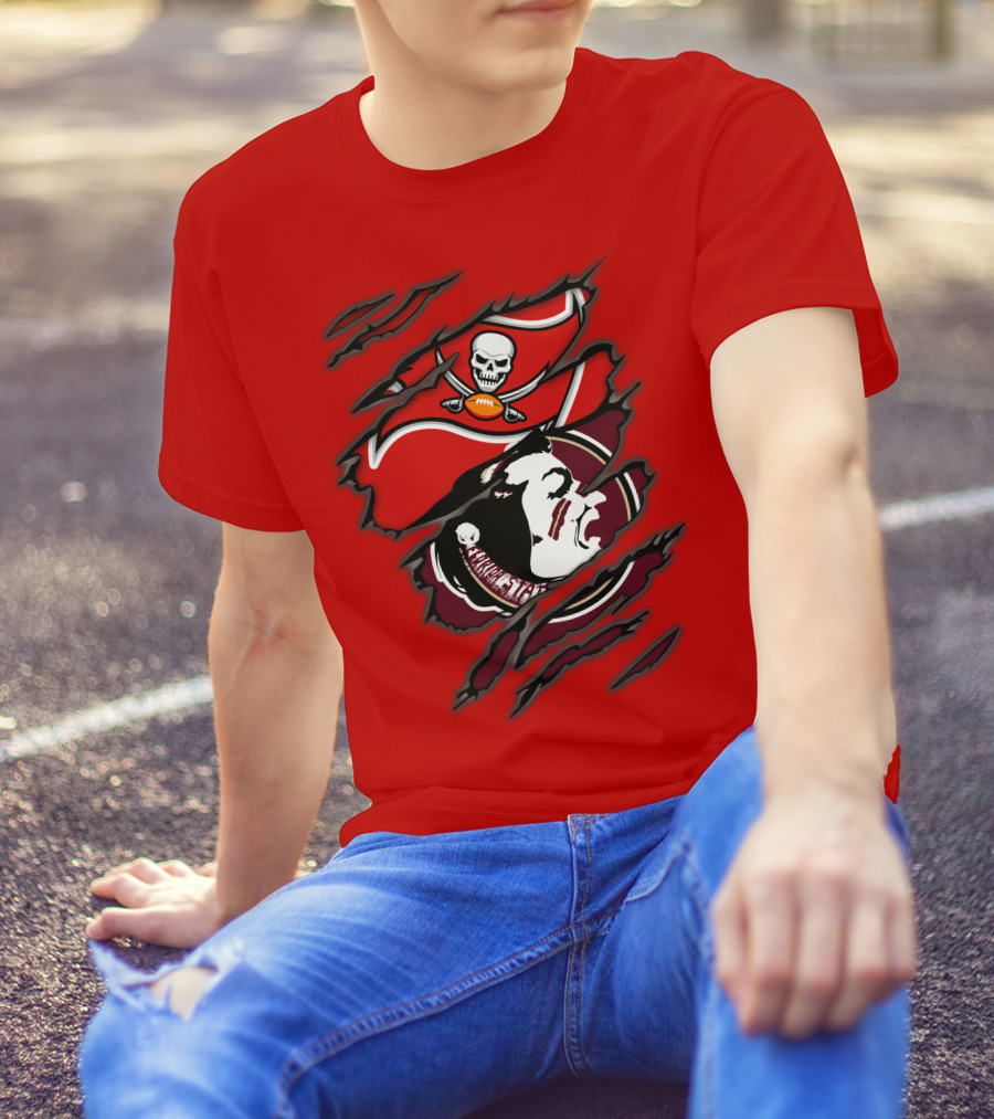 Buccaneers Seminoles Skull And Tomahawk Football Fusion T-Shirt