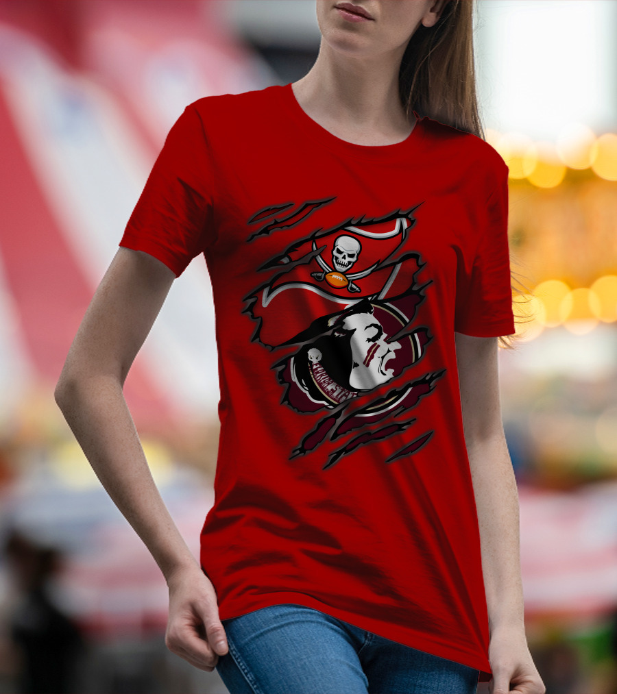 Buccaneers Seminoles Skull And Tomahawk Football Fusion T-Shirt