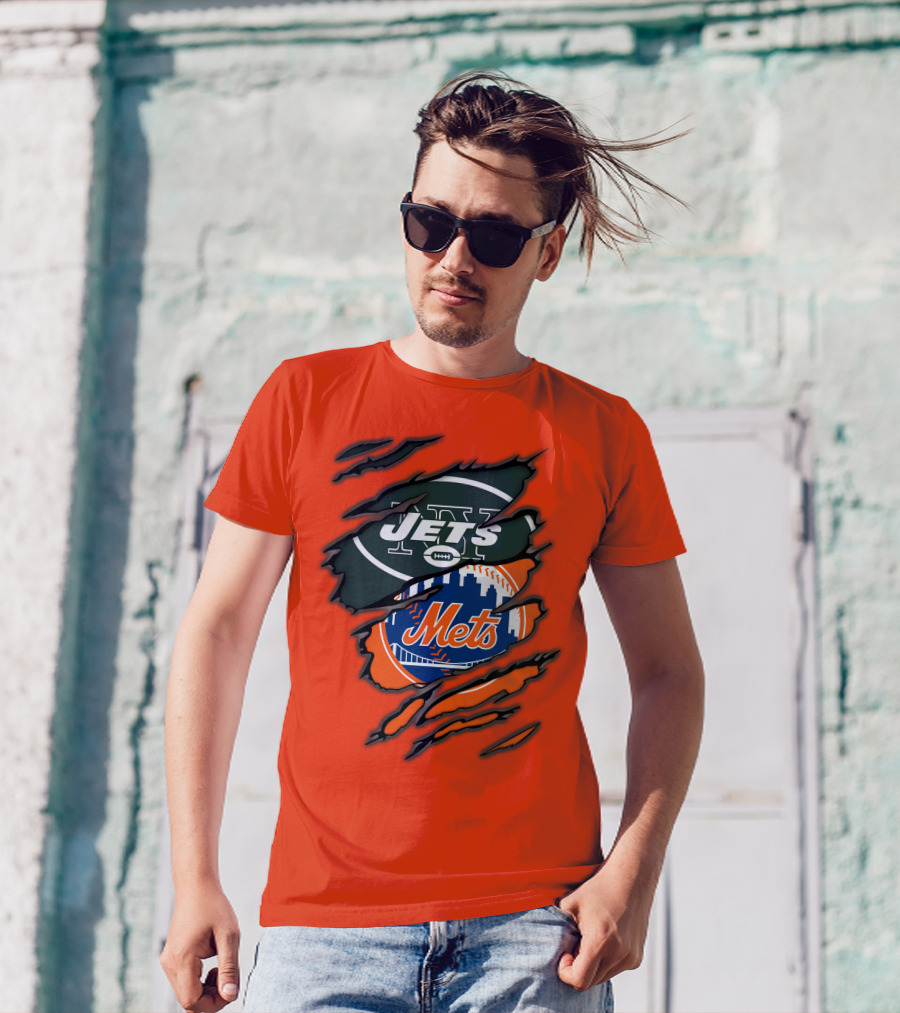 Jets Mets Nfl Mlb Ripped Logo Fusion T-Shirt