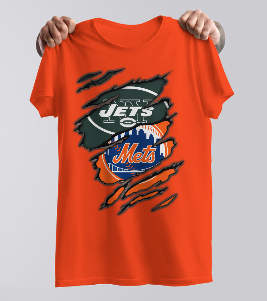 Jets Mets Nfl Mlb Ripped Logo Fusion T-Shirt