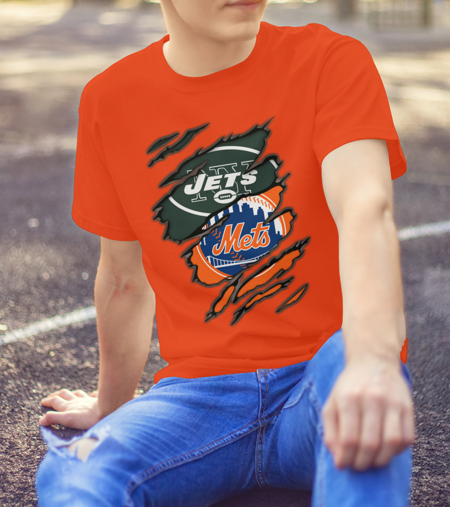 Jets Mets Nfl Mlb Ripped Logo Fusion T-Shirt