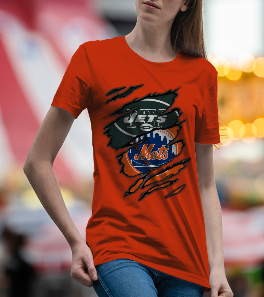 Jets Mets Nfl Mlb Ripped Logo Fusion T-Shirt