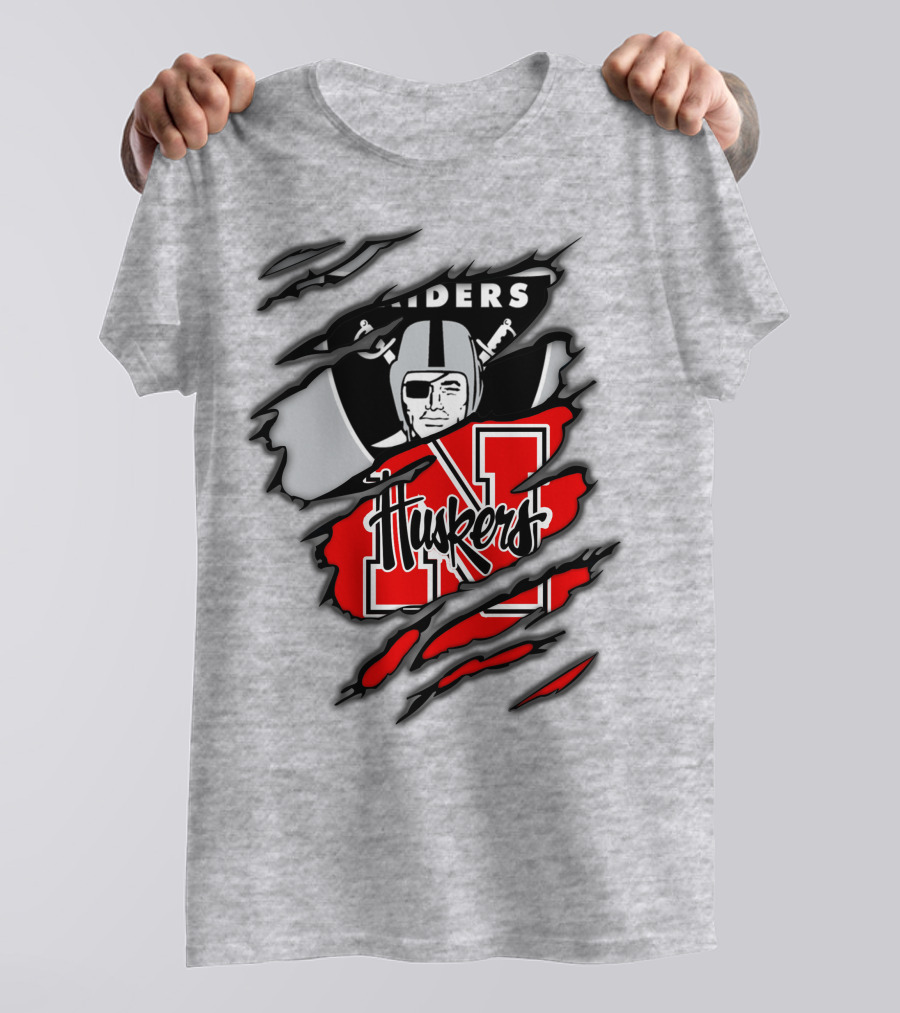 Raiders Huskers Torn Design With Icons And Symbols T-Shirt