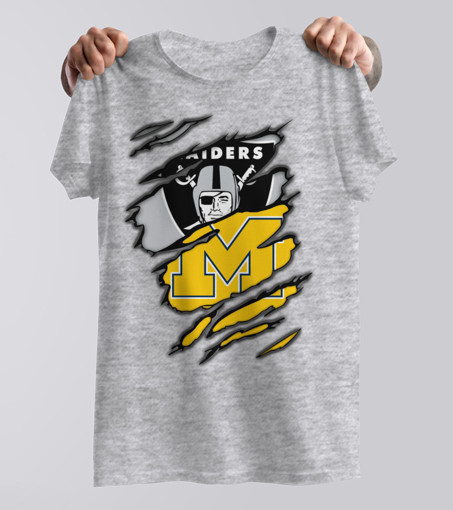Raiders Logo With Michigan Block M Torn Overlay T-Shirt