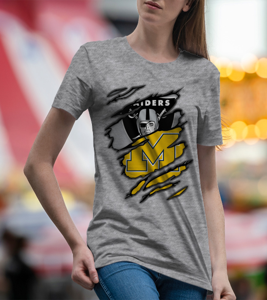 Raiders Logo With Michigan Block M Torn Overlay T-Shirt