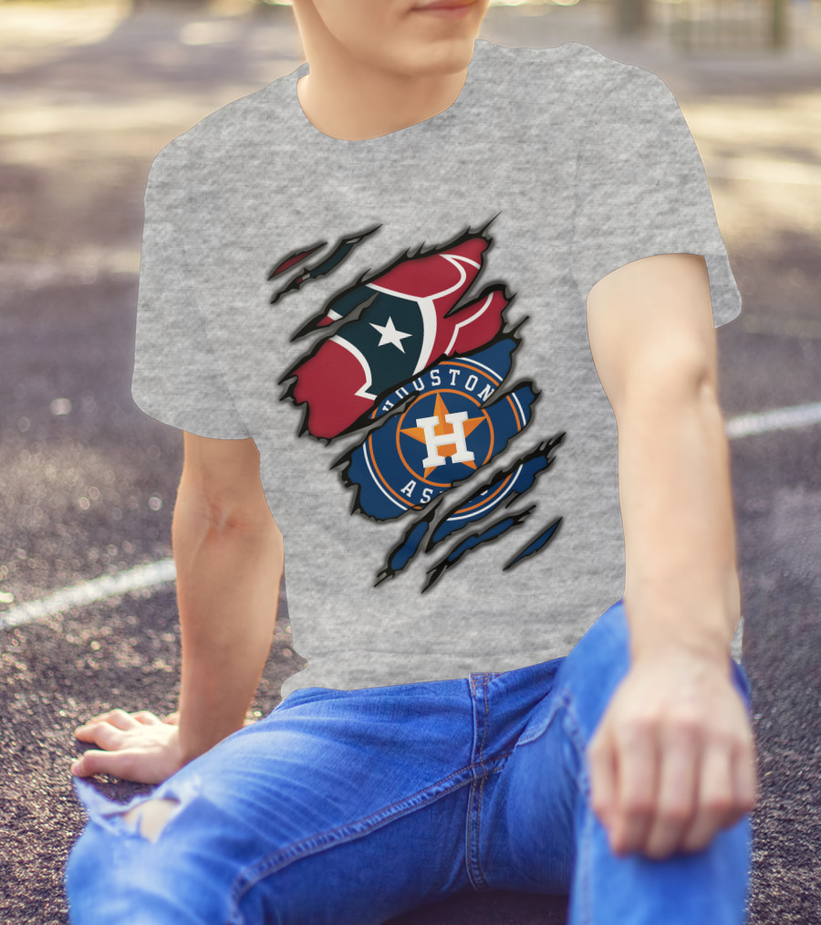 Houston Texans And Astros Logos Ripped T-Shirt