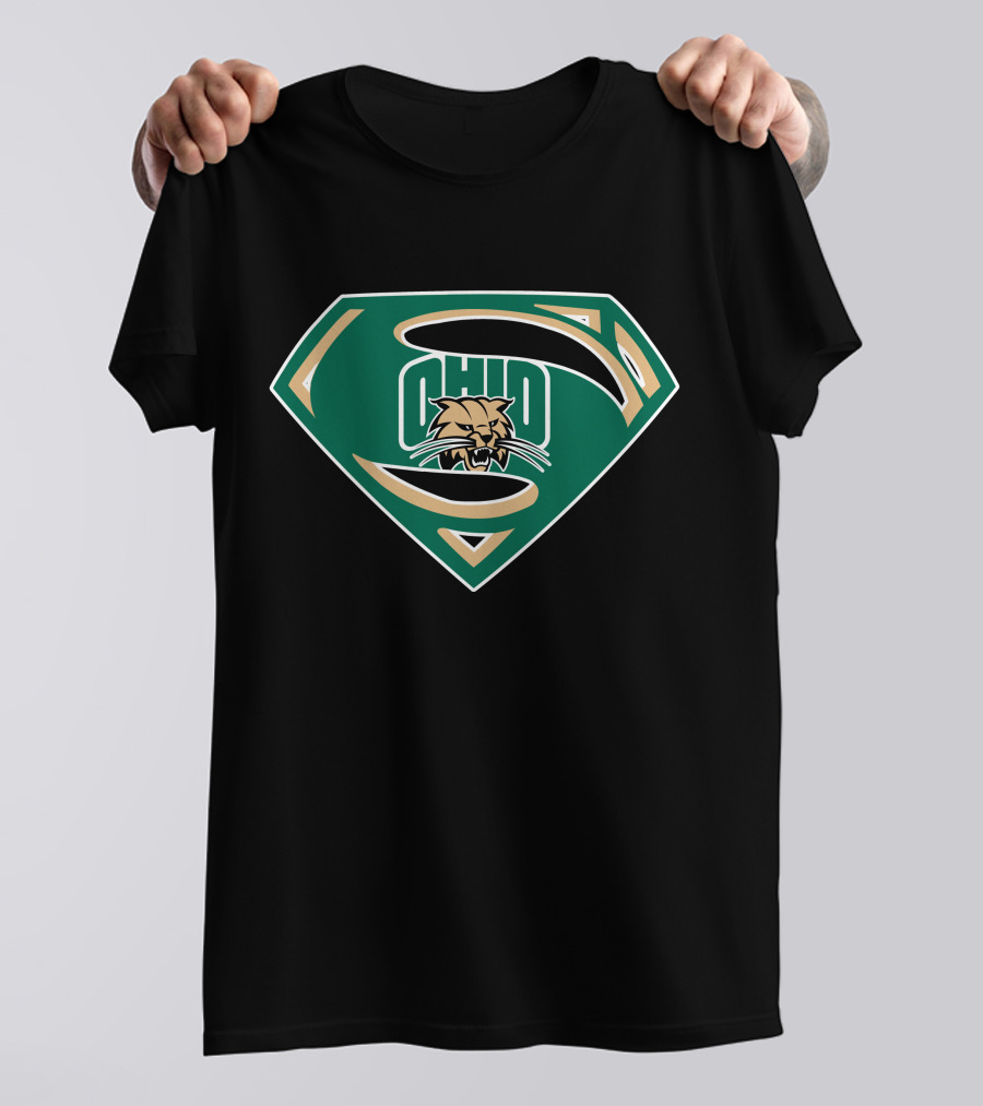 Superman Ohio Bobcats Logo Green And Gold Shield T-Shirt