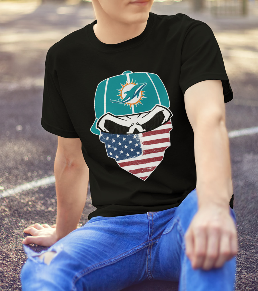 Miami Dolphins Skull American Flag Bandana T-Shirt