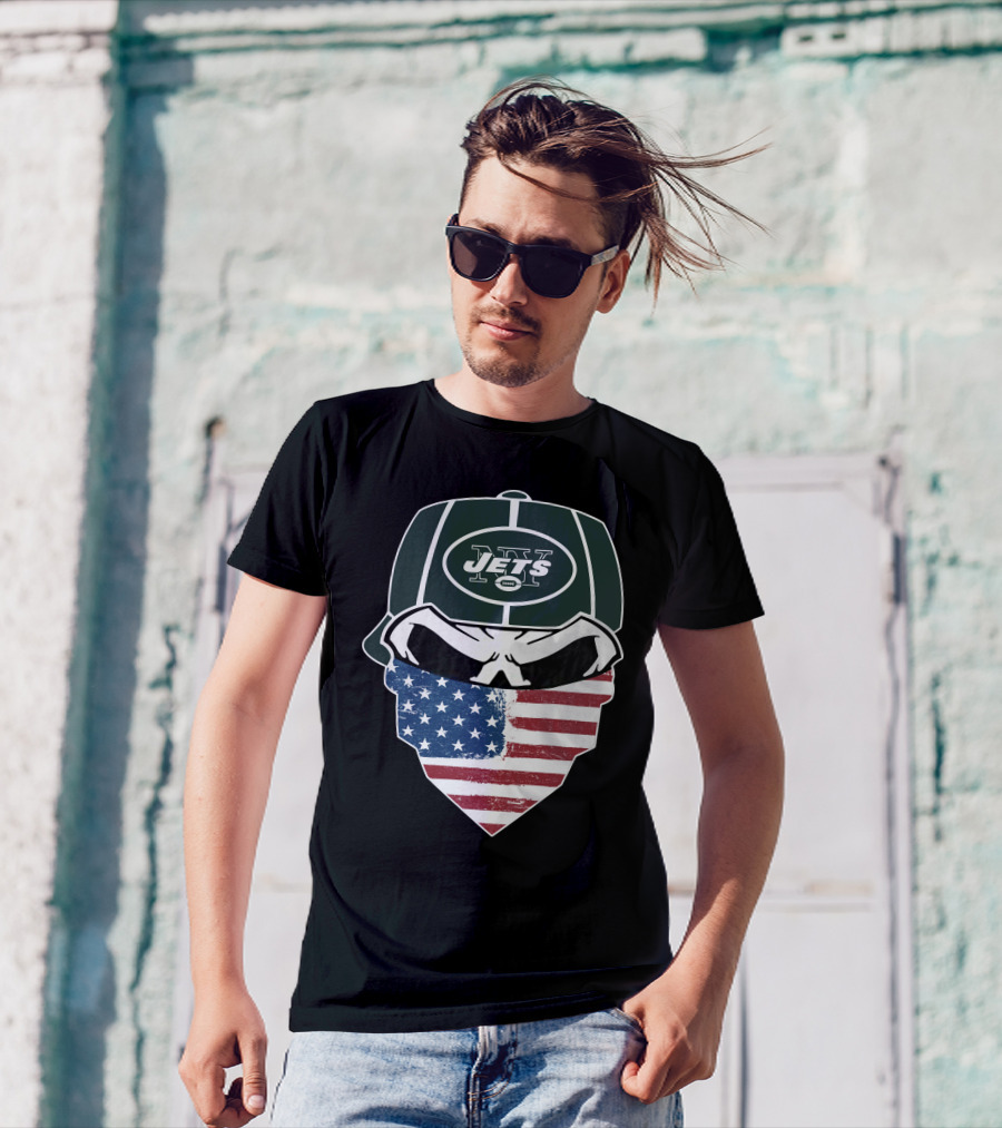 NY Jets Skull With American Flag Bandana T-Shirt