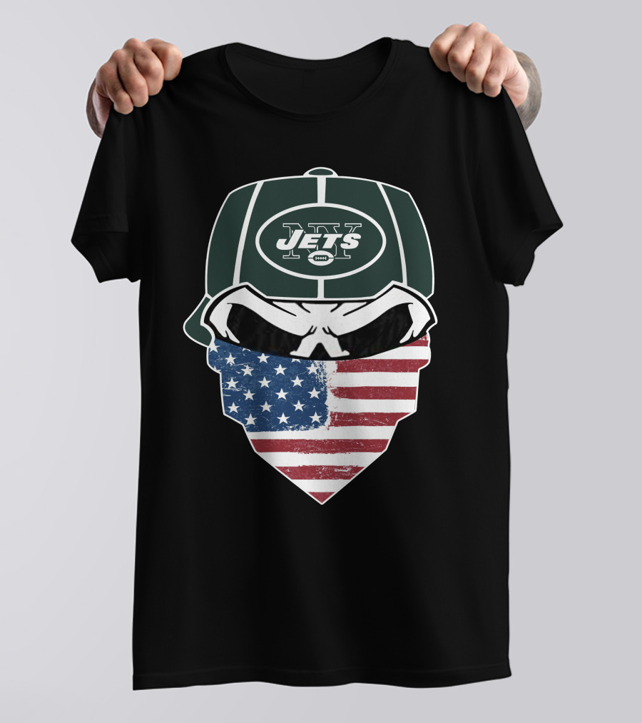 NY Jets Skull With American Flag Bandana T-Shirt