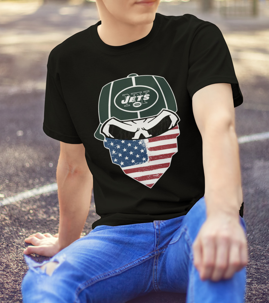 NY Jets Skull With American Flag Bandana T-Shirt