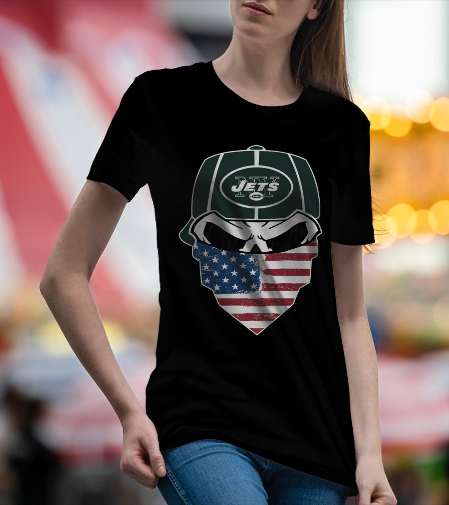 NY Jets Skull With American Flag Bandana T-Shirt