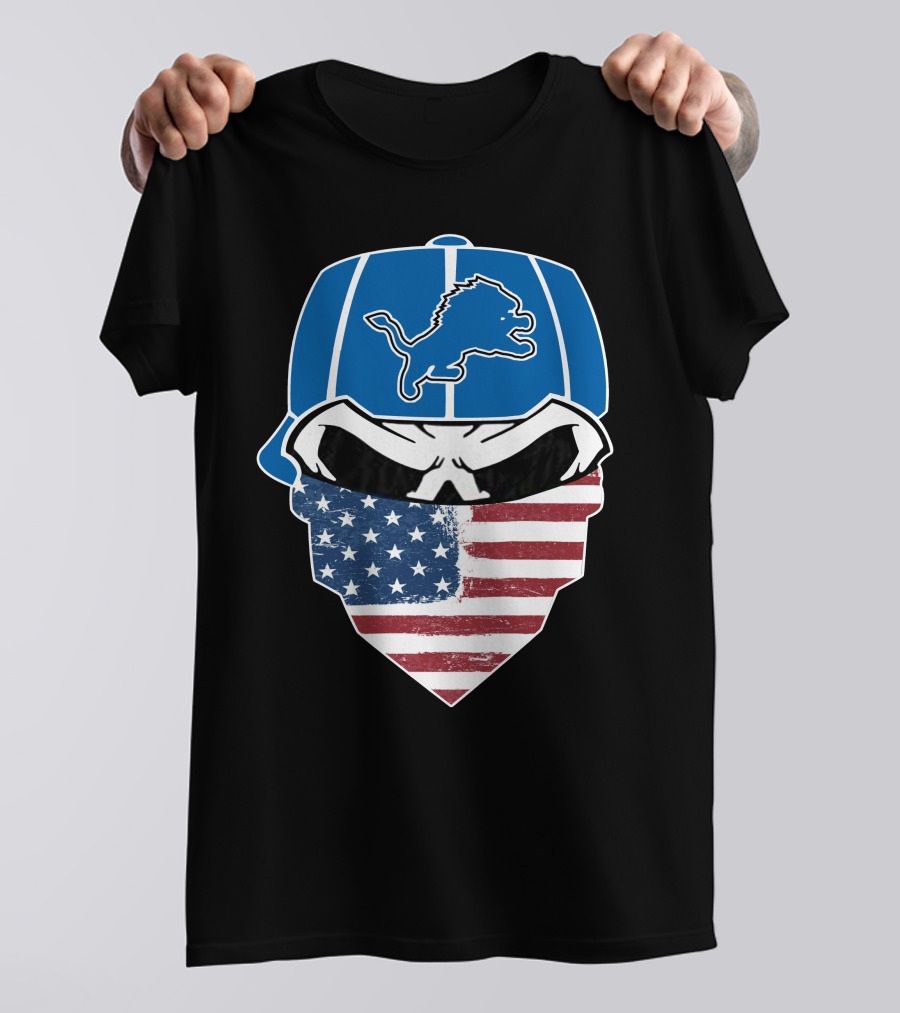 Detroit Lions Skull Bandana American Flag T-Shirt