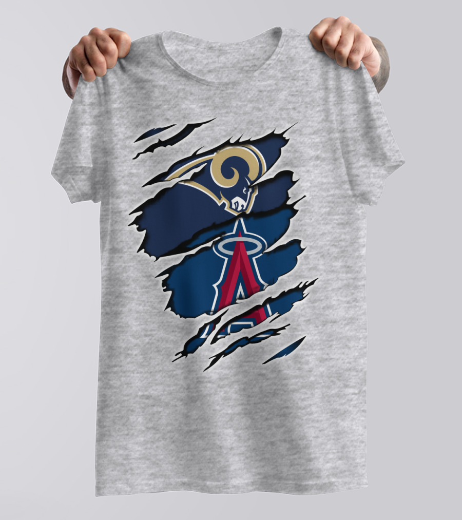 Rams Angels Rams Angles Logo Mashup On Ripped Blue Background T-Shirt