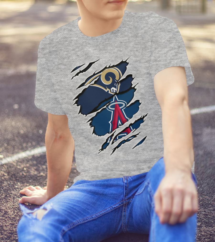Rams Angels Rams Angles Logo Mashup On Ripped Blue Background T-Shirt