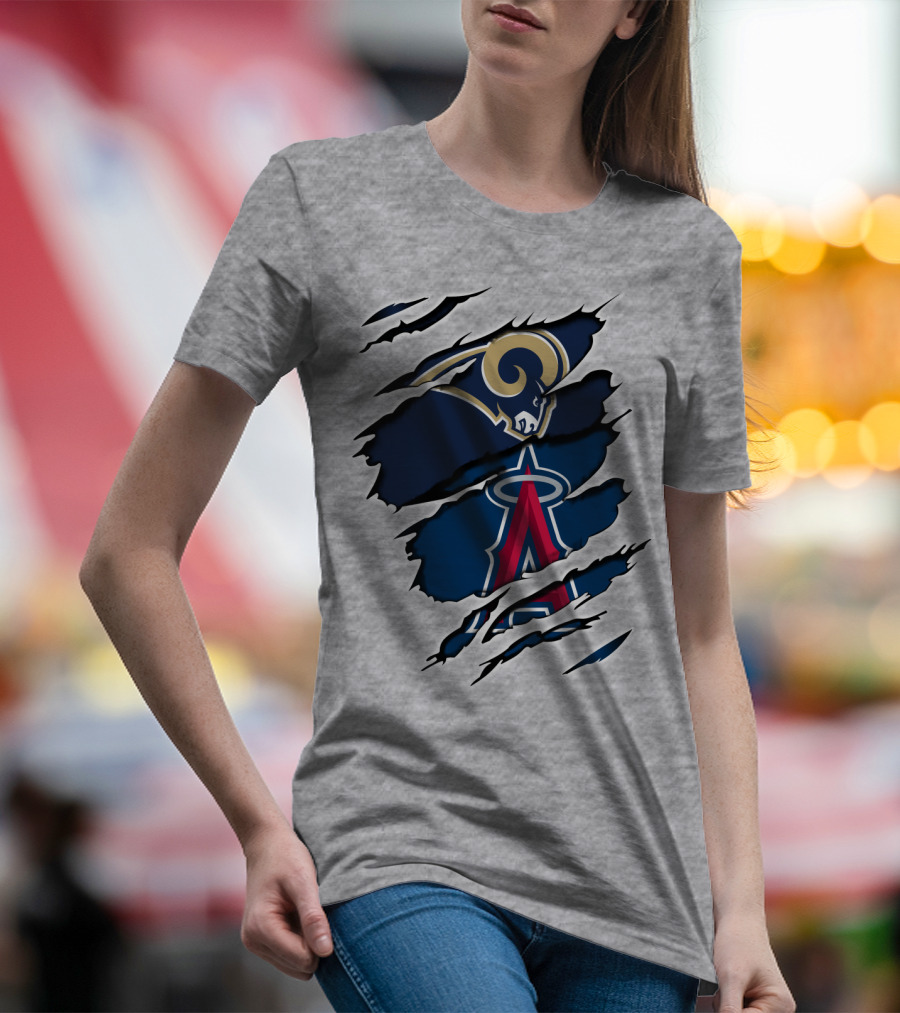 Rams Angels Rams Angles Logo Mashup On Ripped Blue Background T-Shirt