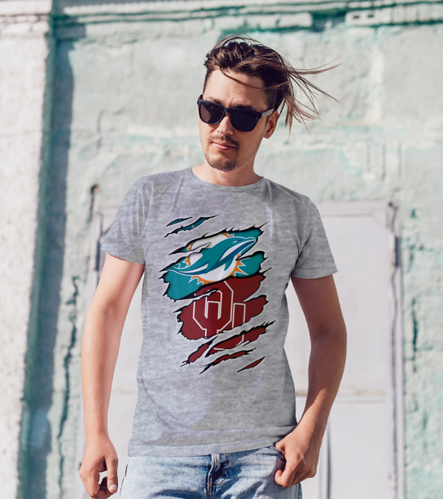 Miami Dolphins Oklahoma Sooners Teal Aqua Crimson Red Blend T-Shirt