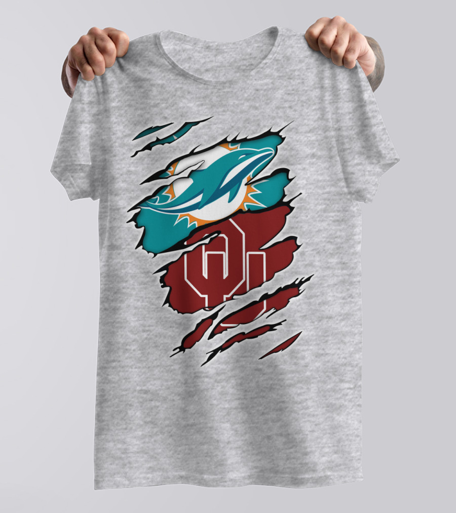 Miami Dolphins Oklahoma Sooners Teal Aqua Crimson Red Blend T-Shirt