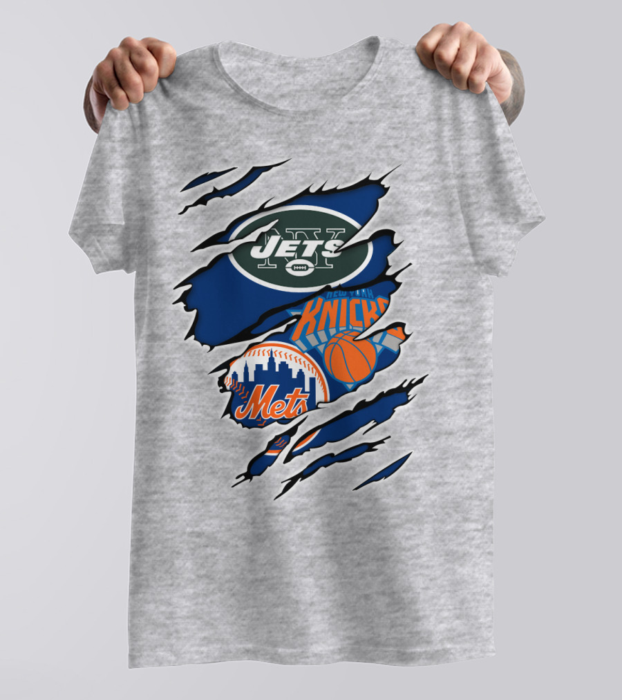New York Jets Mets Knicks Logo Fusion NFL MLB NBA Team Pride T-Shirt
