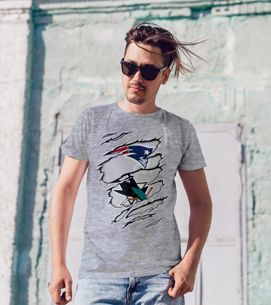 New England Patriots San Jose Sharks Ripped Tear T-Shirt