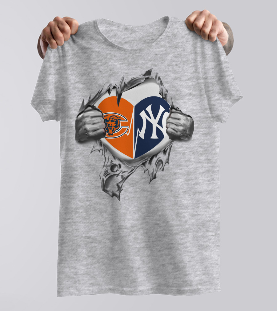 Chicago Bears New York Yankees Split Heart Rip T-Shirt