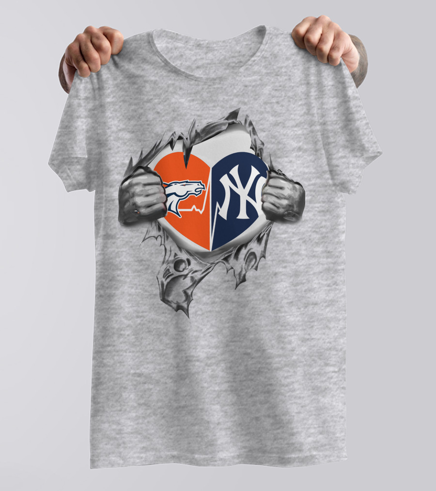 Broncos And Yankees Heart Split Design With Iconic Logo Mesh Tear Elements T-Shirt