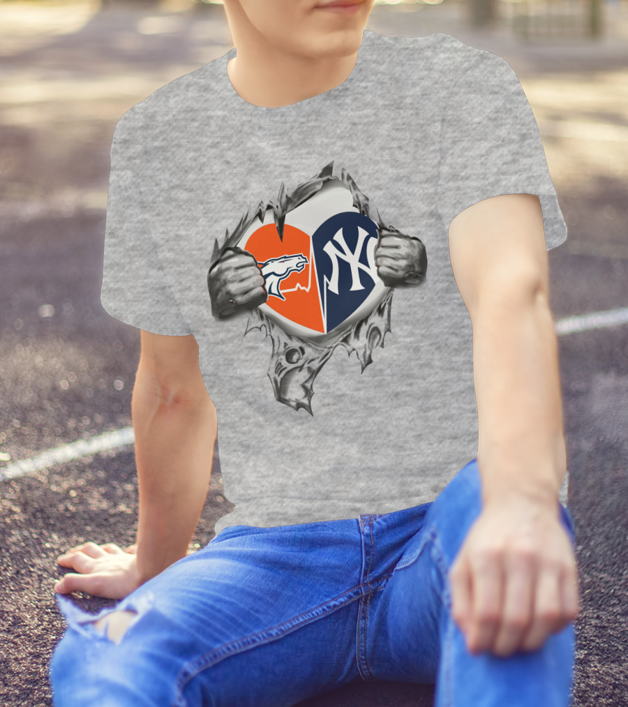 Broncos And Yankees Heart Split Design With Iconic Logo Mesh Tear Elements T-Shirt