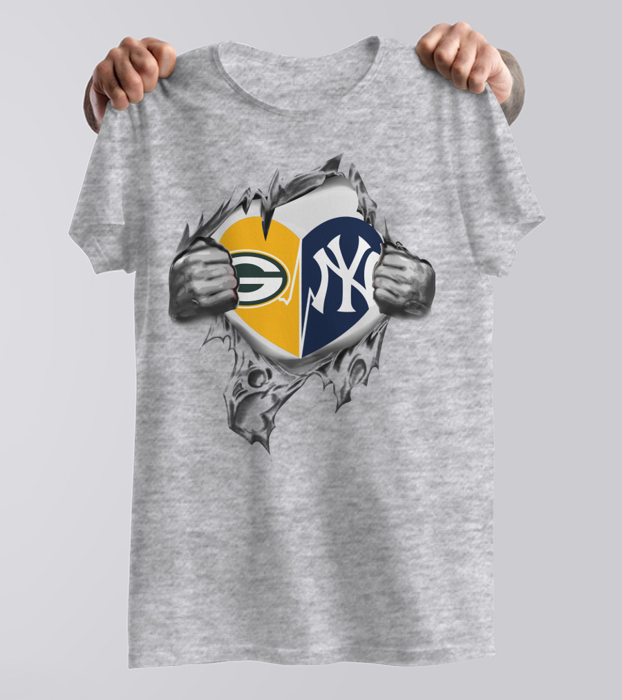Packers Yankees Heart Split Logo Fusion T-Shirt