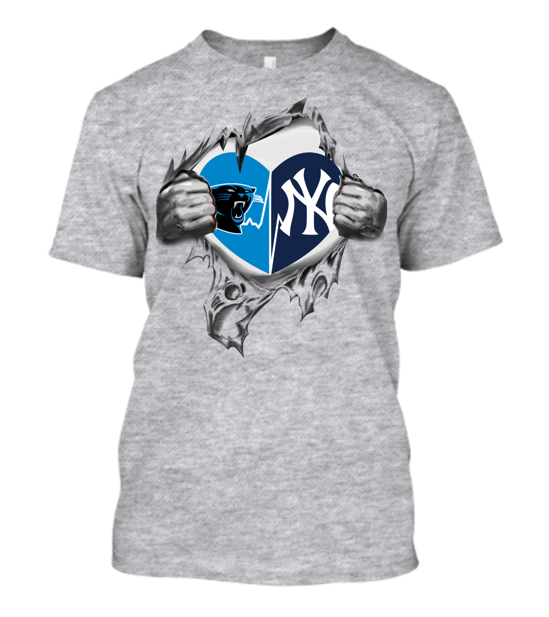 Carolina Panthers New York Yankees Heart Tear Mashup T-Shirt