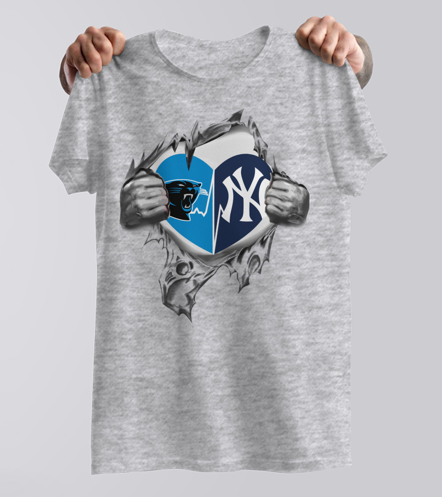 Carolina Panthers New York Yankees Heart Tear Mashup T-Shirt