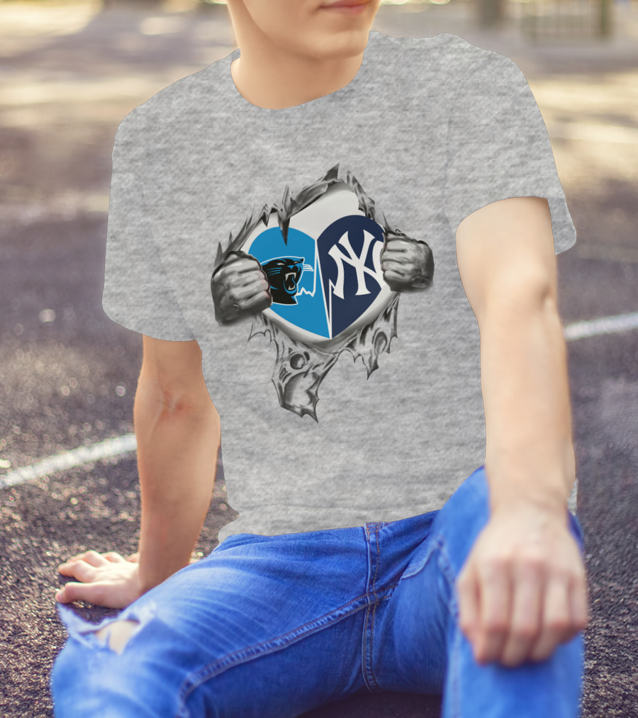 Carolina Panthers New York Yankees Heart Tear Mashup T-Shirt