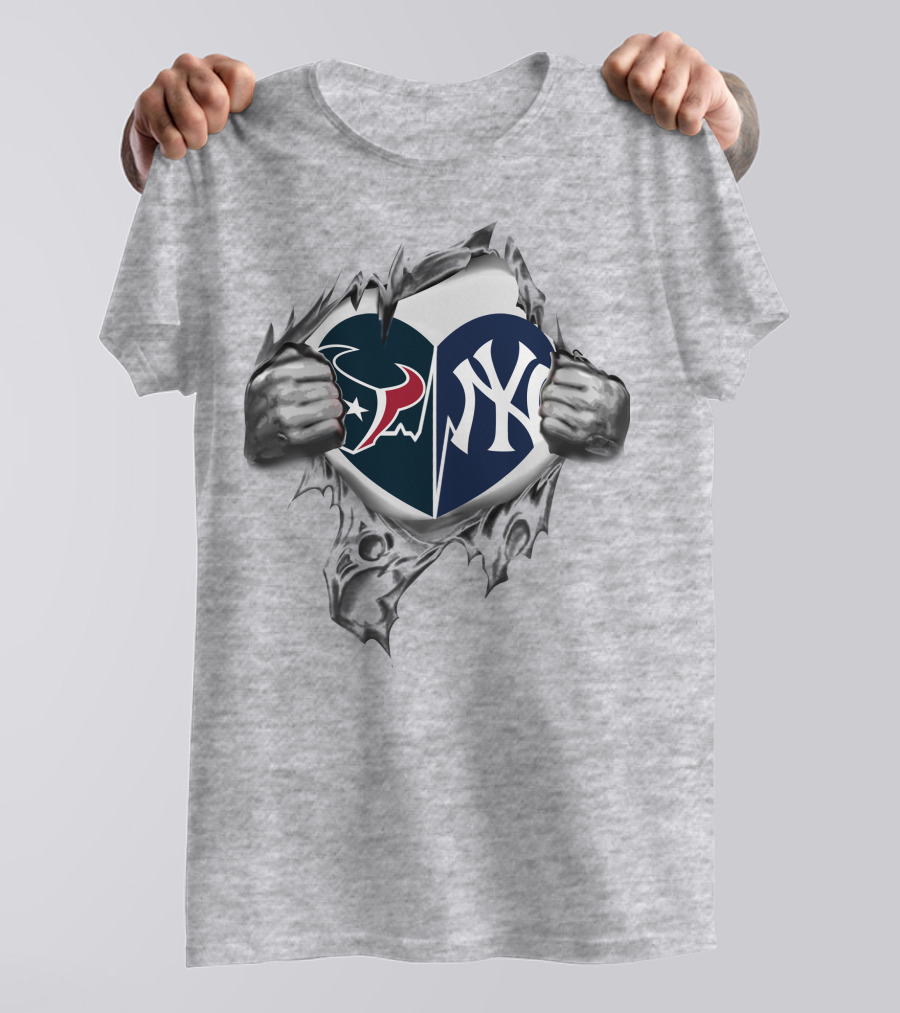 Texans Yankees NFL And MLB Split Heart T-Shirt