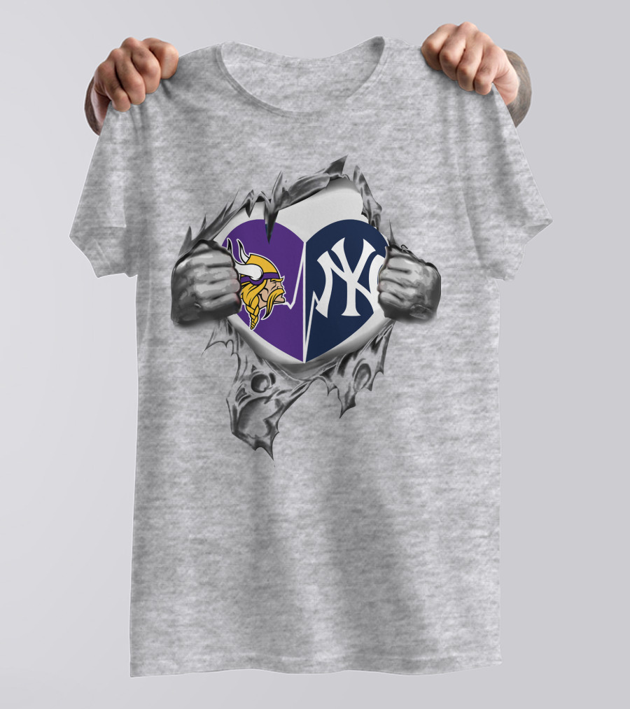 Vikings Yankees Heart Logo Torn Reveal T-Shirt