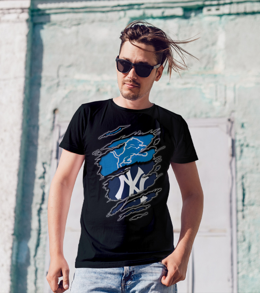 Detroit Lions New York Yankees Fan Merge T-Shirt